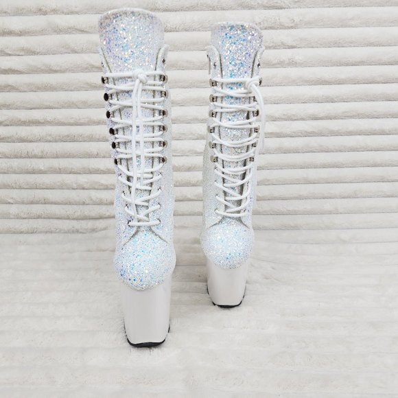 White Ice UV Glitter 8" Platform Heel Ankle Boots Flamingo - Picture 5 of 12